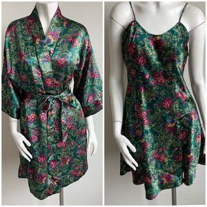 Vintage Kathryn Floral Silky Chemise Slip Nightgown & Kimono Robe Set - Small